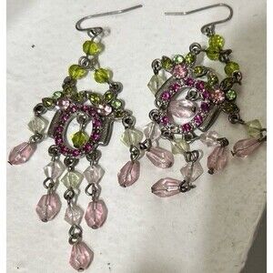 Vintage Dangle Chandelier Earrings Silver Tone  Boho Green Light Pink & Dark Pk